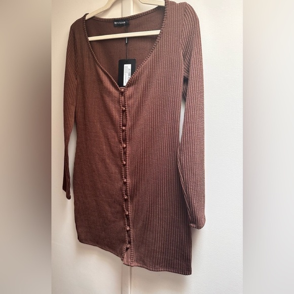 Prettylittlething Chocolate Two Tone Rib Button Down Bodycon Dress Size 10 NWT - Picture 6 of 7